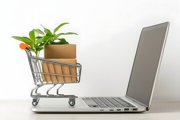 Poster - Online Shopping Concept with Laptop Plant and Cardboard Boxes in a Shopping Cart