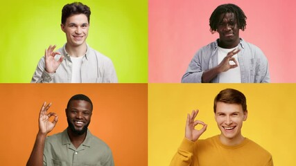 Poster - Four men of express the okay gesture while smiling. Each man stands against a colorful backdrop, showcasing diversity and a positive vibe in a lively setting.