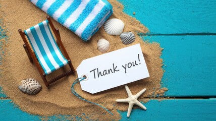 Canvas Print - Beach themed thank you scene with chair towel and sand