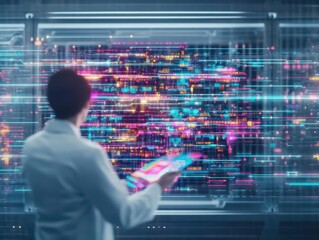 Poster - A thoughtful man in a white shirt gazes intently at a glowing digital screen in a modern workspace filled with technology and innovation ambiance