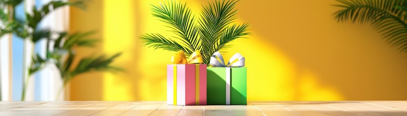 Two colorful gift boxes with ribbons and palm leaves against a bright yellow background