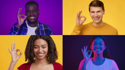 Poster - Four individuals of different backgrounds each making the okay gesture. Bright yellow and purple backgrounds enhance their expressions of positivity and connection in a dynamic lifestyle setting.
