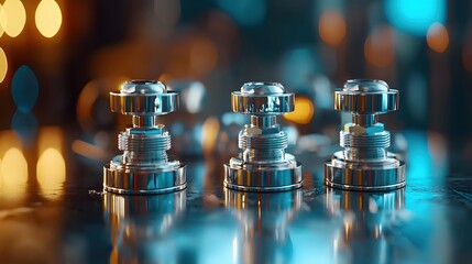 Poster - Trio of shiny metal components reflecting vibrant bokeh lights creating a futuristic industrial mood