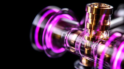 Poster - Abstract futuristic technology concept with golden cylinder and purple rings on a black background in a studio shot with a shallow depth of field