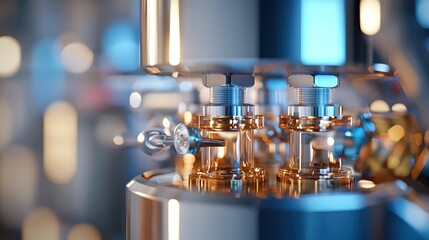 Poster - Close up of golden mechanical components and silver bolts with a blue and gold bokeh background engineering precision and industrial design