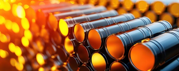 Poster - Stacked metal barrels with orange light creating a dramatic and industrial atmosphere