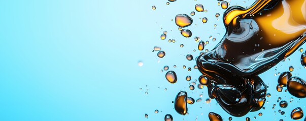 Poster - Abstract liquid art with golden drops on a blue background for modern aesthetic design