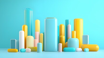 Poster - Colorful geometric shapes in pastel tones against a light blue background create a modern scene