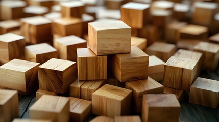 Poster - Wooden Cubes Arranged in a Stacked Formation Creating a Geometric and Abstract Composition
