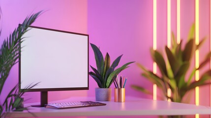 Wall Mural - Modern workspace with computer screen plant and keyboard in neon pink light ambiance setup