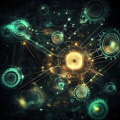 Poster - Abstract gears and digital connection network with glowing lights modern technology concept