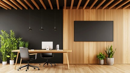Poster - Modern office interior with wooden accents and minimalist design creating a productive space