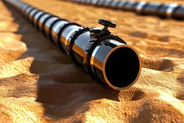 Poster - Industrial Pipeline on Sandy Terrain a Close Up View of Metal Construction and Connection