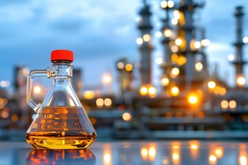 Poster - Chemical Liquid in Glass Flask with Red Cap at Industrial Plant with Bokeh Lights Effect