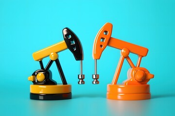 Poster - Two Oil Pumps in Yellow Black and Orange on Light Blue Background Minimalist Style