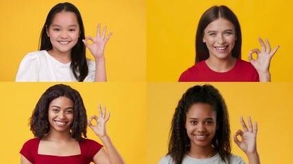 Poster - Four women of different backgrounds share joyful gestures, showcasing diversity and positivity against a bright yellow background. Their expressions radiate warmth and openness, promoting inclusivity.