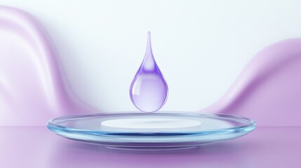 Aufkleber - Purple droplet suspended above a glass dish on pastel background