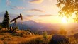 © Ketobox - Pumpjack on golden grassland with mountain backdrop at sunrise in a scenic landscape with warm light and tree