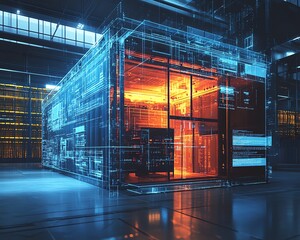 Futuristic container in a hightech retail warehouse, displaying digital industry process analysis and overlaid with a Warframeinspired texture background