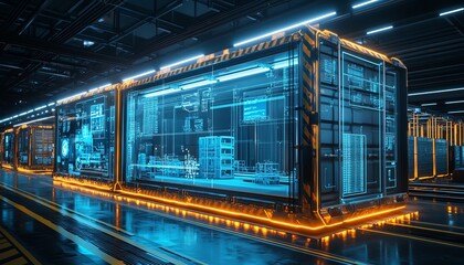 Poster - Innovative technology warehouse container with digitalized visual analysis of industry processes, enhanced by Warframe texture elements and sleek designs