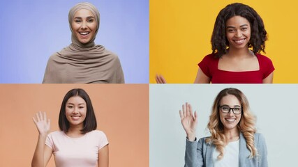 Poster - Four diverse people display cheerful expressions while waving hello. Each person represents a different background, showcasing a vibrant mix