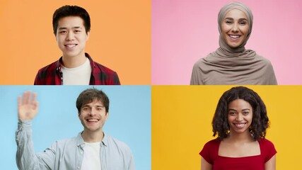Poster - A vibrant collage shows four multiracial individuals cheerfully waving hello. Each person expresses warmth and friendliness against colorful backgrounds, showcasing diversity and inclusion.