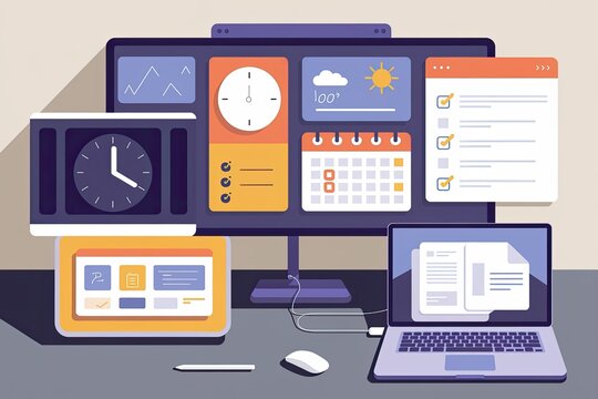 Desktop with Animated Apps, Computer, and Stylus, featuring Clocks, Calendar, and Checklist in a clean, modern graphic style
