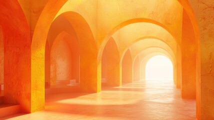 Poster - Explore an abstract and distorted view of a stylized cylinder in a warm, luminous space filled with arches and soft light, creating a tranquil atmosphere.