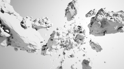 Poster - This abstract image features white, dusty particles floating in the air, creating a dynamic visual effect against a gray background. Ideal for digital art projects.