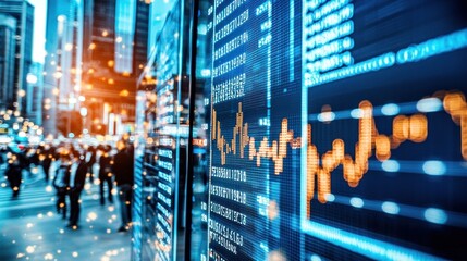 Poster - Dynamic Cityscape: Stock Market Data Display at Night