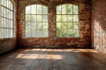 Poster - Bright and Spacious Industrial Room with Large Windows and Rustic Brick Walls bathed in Natural Light and Warm Wooden Floor for Creative Spaces