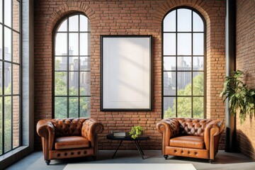 Poster - Cozy interior design featuring leather armchairs, large windows, greenery, and brick walls, ideal for home decor inspiration and modern living spaces