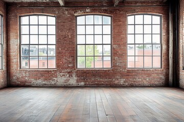 Poster - Bright and Spacious Urban Loft Interior with Exposed Brick Walls and Large Windows Offering Natural Light and Scenic Views of the Cityscape