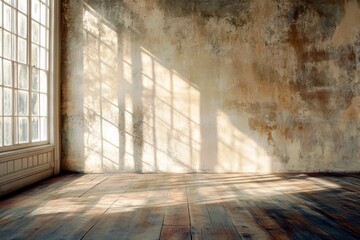 Poster - Sunlight Casting Shadows on Rustic Wall and Wooden Floor in Empty Room with Vintage Aesthetic and Natural Light for Interior Design Inspiration