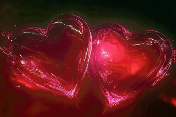 Poster - Two Glowing Hearts with a Bright Red Background and Water Droplets Reflecting Light in a Dreamy Romantic Setting