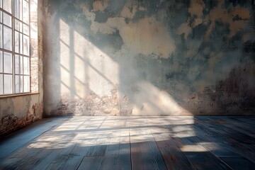 Poster - Abandoned and Dusty Room with Textured Walls and Natural Light Streaming Through Large Window, Evoking a Sense of Nostalgia and Calmness in a Tranquil Setting