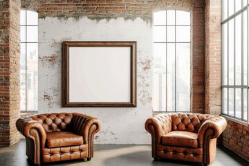 Poster - Cozy interior with two vintage leather chairs and empty frame against brick wall and large windows offering natural light in modern loft design