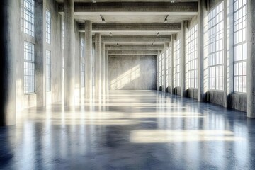 Poster - Vast empty industrial space with large windows, concrete pillars, and polished floor reflecting natural light in a modern architectural setting