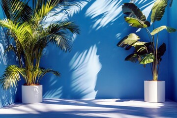 Poster - Lush Green Tropical Plants in Modern Interior Space with Bright Blue Walls and Soft Shadows for Creative Decor and Nature-inspired Design