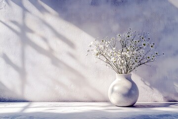 Poster - Elegant White Vase with Delicate Flowers and Soft Shadows on a Minimalist Background Create a Serene Atmosphere in Natural Light