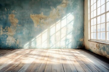Poster - Abandoned Room with Faded Blue Wall, Wooden Floor, and Soft Light Streaming Through Historic Windows in an Urban Setting