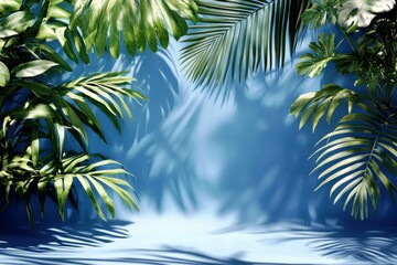 Poster - Lush Tropical Greenery with Bright Blues and Shadows Ideal for Background and Decoration in Summer Themes and Nature Inspired Designs