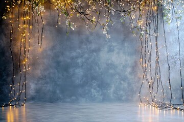 Poster - Elegant background with soft lights, floral branches, and a calming color palette for dreamy photo shoots and creative projects