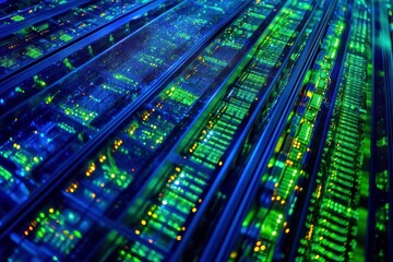 Poster - Abstract View of a Modern Data Center with Illuminated Circuit Boards and Colorful Lights Reflecting on Glass Panels
