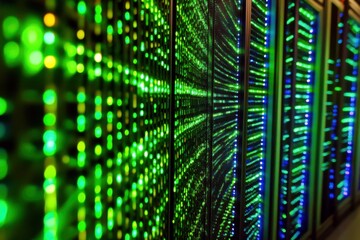 Poster - vibrant led lights reflecting on data center servers with abstract patterns in green, yellow, and bl