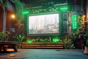 Poster - Futuristic indoor space with large display screen surrounded by greenery, showcasing urban landscape and technology integration in a cozy environment