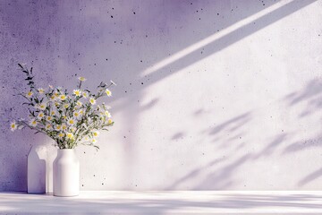 Poster - Minimalist floral arrangement in a white vase on a light background, casting soft shadows for a serene and elegant interior decor concept