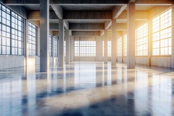 Poster - bright and spacious industrial loft interior with large windows, concrete floors, and natural light 