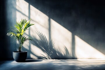 Poster - Lush Green Potted Plant Casting Shadows on Minimalist Concrete Wall in Bright Sunlight with Dynamic Light Patterns and Textures in Modern Interior Space