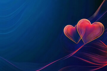 Poster - Romantic abstract illustration featuring two glowing hearts amidst swirling vibrant lines in rich blue background for love-themed designs